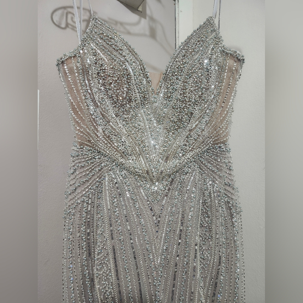 Glamorous Silver Beaded Evening Gown